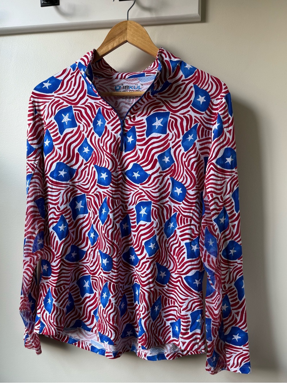 IBKUL Rylee Quarter Zip Mesh Patriotic Activewear Mock Top Maximalism Sporty XL